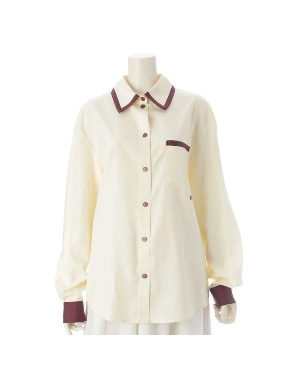 Chanel CC Logo Twill Blouse Long Sleeve Shirt Light Yellow Burgundy 42